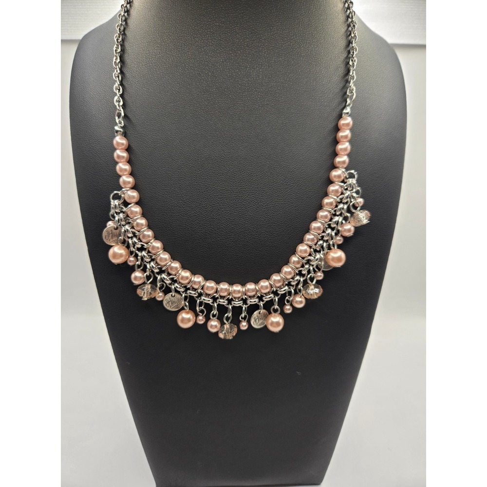 Peach Faux Pearl Silver Tone Bib Statement Necklace Glass Bead Cluster 18in